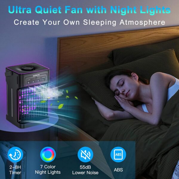 Portable Air Conditioners, 4-IN-1 Portable AC Unit with 3 Speeds, 3 Mist Settings, 7 Night Light & 2-8H Timer Air Conditioner Portable, Personal Small Mini Air Conditioner Air Cooler for Room Camping - Image 7