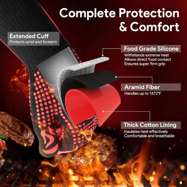 BBQ Gloves, Oven Mitts Grilling Gloves - 1472℉ Extreme Heat Resistant Oven Gloves, Non-Slip Silicone Cooking Gloves for Grilling, Barbecue, Baking, Welding (A Pair) - Image 4