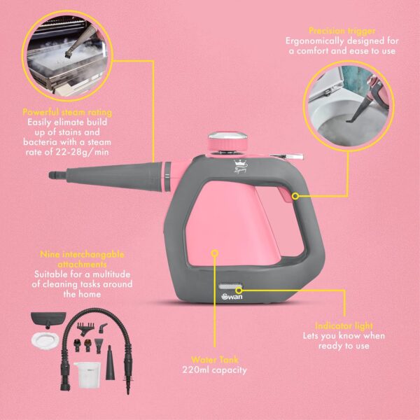 Swan x TV’s Queen of Clean SC17350QOCN Handheld Steam Cleaner with 3 Steam Pressure Settings, 22-28g/min Steam Rate, 9 Attachments and Extra-Long 5m Cable, 220ml, Pink - Image 6