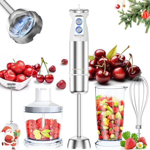 Hand Blender, 5-in-1 Stainless Steel Electric Stick Blender 1000W, 12 Speeds Adjustable, Baby Food Blender with Egg Whisk, Frother, 500ml Chopper, 600ml Measuring Cup, BPA Free Food Processor - Image 2