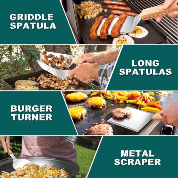 22Pcs Griddle Accessories Kit(18/10 Stainless Steel), Joyfair Outdoor Flattop Grill Accessory Set, Commercial Grade BBQ Tools for Camping Grilling Cooking, Rust-Free & Easy Cleaning (Wooden Handle) - Image 5