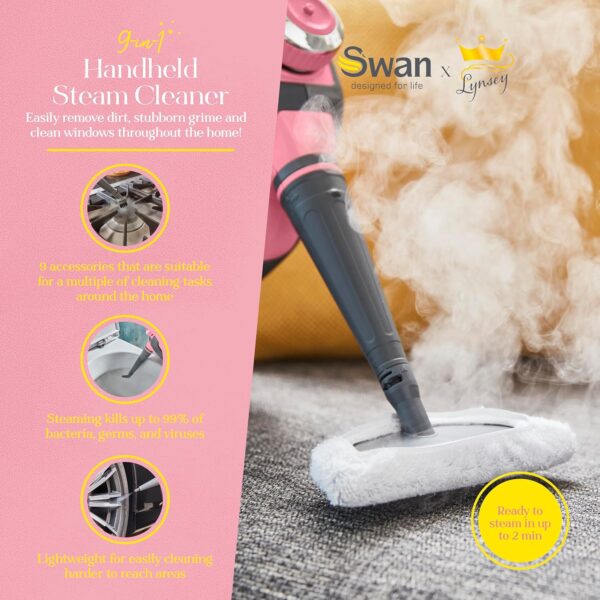 Swan x TV’s Queen of Clean SC17350QOCN Handheld Steam Cleaner with 3 Steam Pressure Settings, 22-28g/min Steam Rate, 9 Attachments and Extra-Long 5m Cable, 220ml, Pink - Image 3