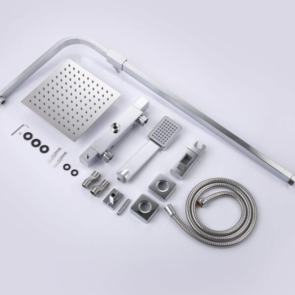 Huibathroom Thermostat Shower System, Square Thermostatic 38 °C Shower Mixer Set with Rainfall Shower Head, Handheld Shower, Riser Rail, Adjustable Height Anti Scald Chrome Shower Set - Image 3