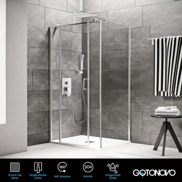 gotonovo Polished Chrome Bathroom 10 Inch Rainfall Shower Head Ceiling Mount with Handheld Spray Shower Mixer Faucet Luxury High Pressure Shower Combo Set Rough-in Valve and Shower Trim Included - Image 4