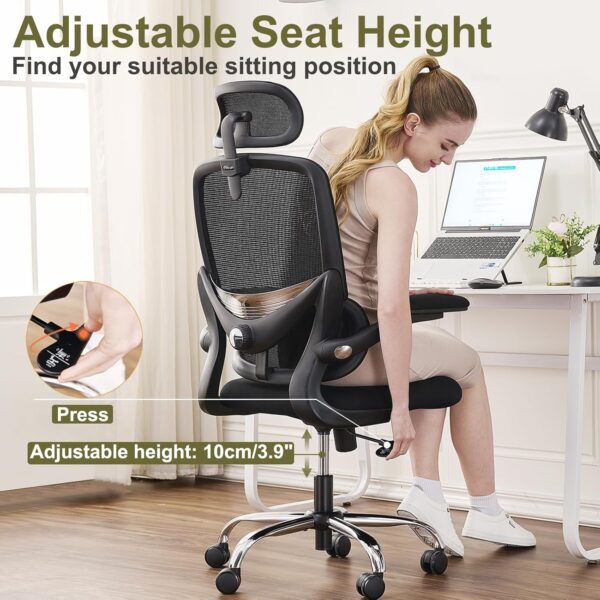 TONFARY Ergonomic Office Chair - High Back Mesh Design with Adjustable Lumbar Support, Flip-Up Armrests, Removable Headrest & 360° Swivel - Space-Saving for Home, Work, or Gaming - Black - Image 6