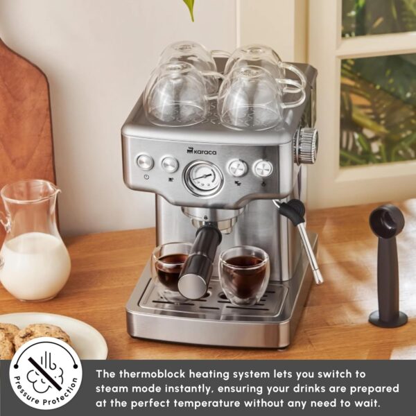 KARACA Coffee Art 20 Bar Espresso Coffee Makers with Grinder - 1.8 L Water Tank with Steam Milk Frother - Stainless Steel - Ideal for Making Latte, Cold Brew or Iced - Inox - Image 10