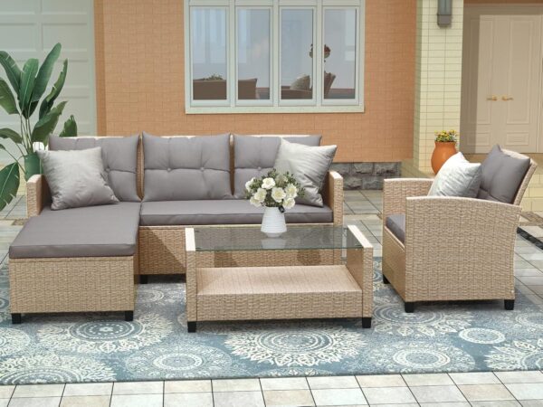 YOPTO Outdoor PE Wicker Patio Furniture Set 4 Piece,Ratten Sectional Conversation Sofa with Seat Cushions and Table for Balcony Lawn and Garden,Brown - Image 4
