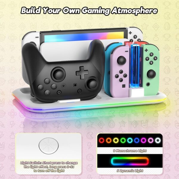 RGB Switch Controller Charger for Nintendo Switch&OLED Model with Led Light,for Joycon with Switch Pro Controller Charger, Switch Charging Station Dock Organizer with 8 Game Slots& USB Cables - Image 3