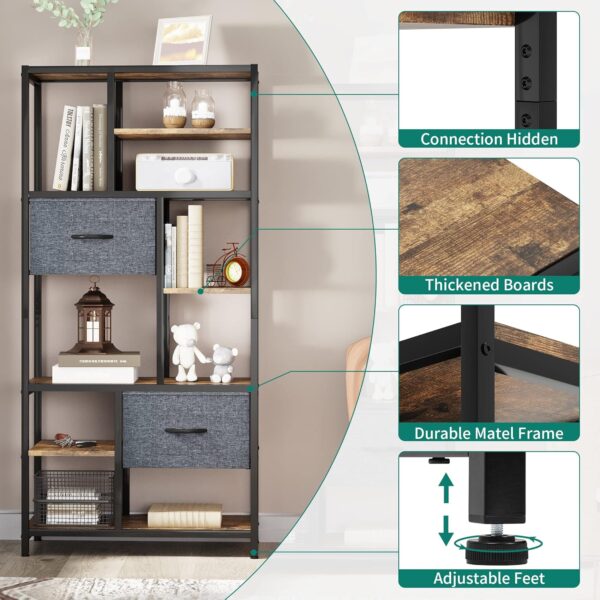YITAHOME Bookcase, 7 Tier Bookshelf with drawers Floor Standing Book Shelf Industrial Shelving Unit Storage Rack with Steel Frame for Living Room, Office, Study, Hallway, Kitchen, Rustic Brown - Image 6
