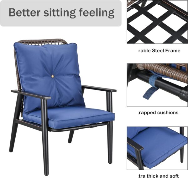 LOKATSE HOME 3 Piece Outdoor Conversation Furniture Patio Bistro Sets with Thick Cushion Wicker Chairs and Coffee Table for Backyard Deck Lawn Garden, Blue - Image 4