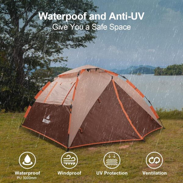 BETENST Camping Tent, Pop up Tent 3 Person Family Dome Tent Waterproof Windproof with 2 Mesh Doors, 2 Mesh Windows, Roof Skylights, 2 in 1 Double Layers, Storage Bag for Camping Hiking Backpacking - Image 7