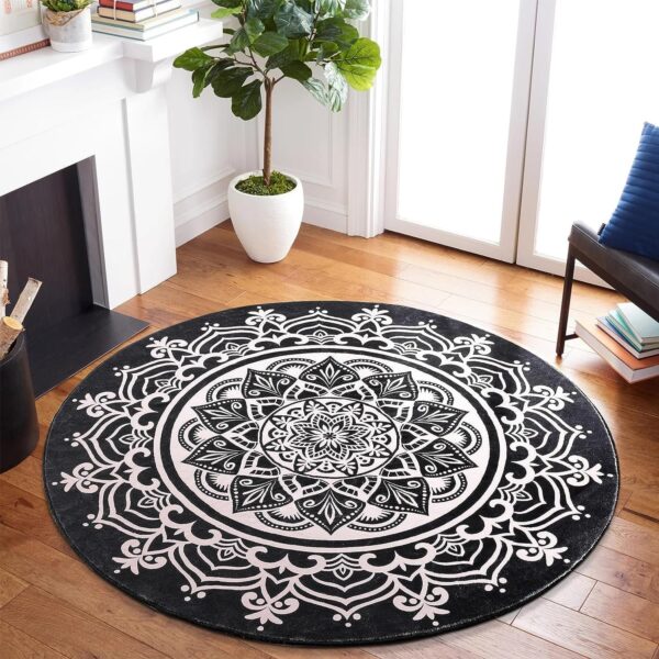 Carvapet Round Area Rug 90cm/3ft Soft Fluffy Circle Carpet Rug Short Pile Non Slip Washable Bohemian Mandala Floor Round Rugs for Living Room Bedroom(Black) - Image 2