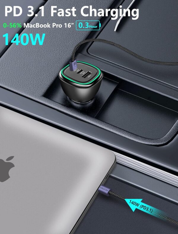 165W USB C Car Charger Fast Charging,UOUCOO Type C Car Charger PD3.1 140W PD3.0 100W Super Car Phone Charger Fast Charge Adapter for i Phone15Pro Samsung S22 S21 iPad M acBook pro Laptop Steam Deck - Image 3