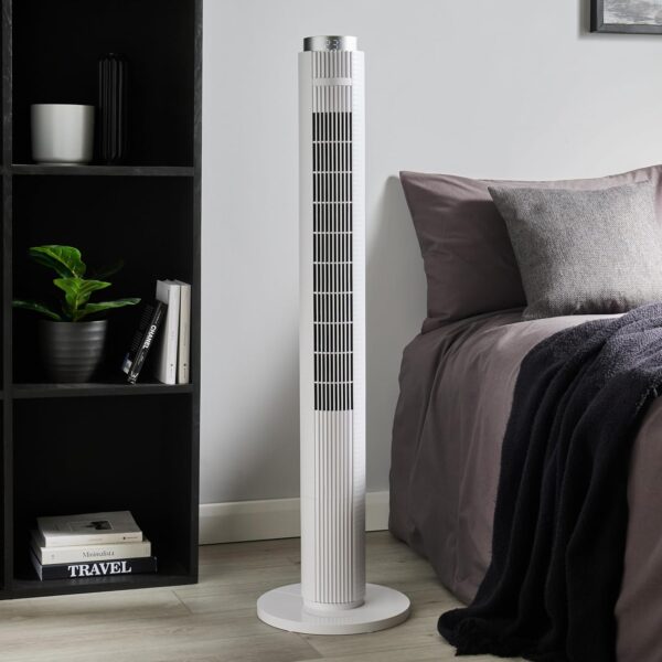 GEEPAS 46" Tower Fan with Remote Control | Bladeless Oscillating Cooling Digital Touch Display, 3 Speed Levels 4 Wind Modes With 12H Timer | Electric Standing Air Circulator for Home Office, 45W White - Image 10