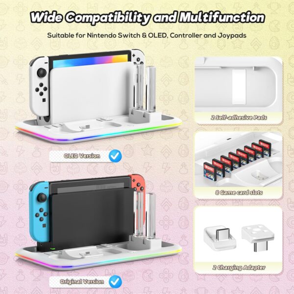 RGB Switch Controller Charger for Nintendo Switch&OLED Model with Led Light,for Joycon with Switch Pro Controller Charger, Switch Charging Station Dock Organizer with 8 Game Slots& USB Cables - Image 6