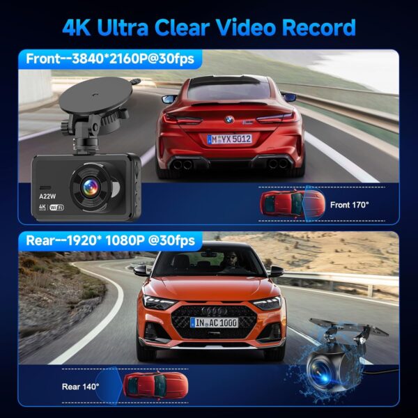 Dash Cam Front and Rear, 4K Dash Cam with 64GB Card, 5G WiFi Dual Car Camera for Cars, 3" IPS Dashcam with APP Control, USB Charger, 24H Parking Mode, G-Sensor, Night Vision, WDR, 170° Wide Angle - Image 8