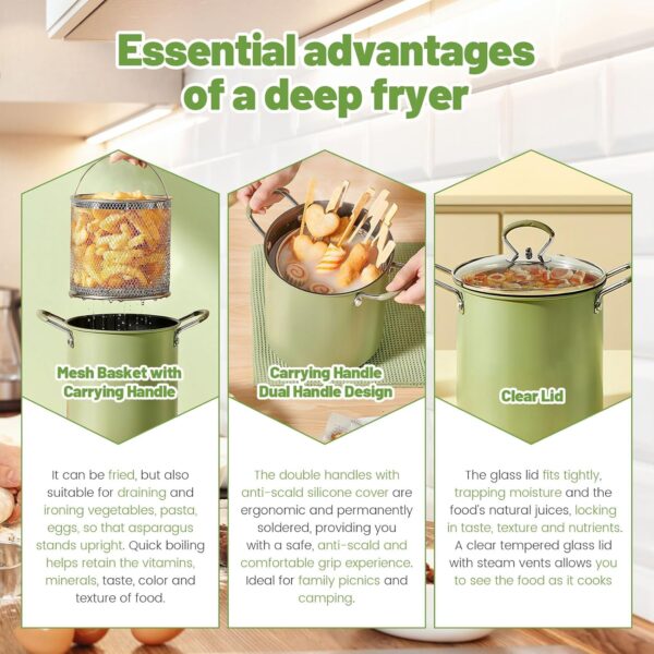 Deep Fryer Pot with Strainer Basket and Lid, 3L Stainless Steel Deep Fryer Pan with Handle, Multipurpose Cooking Pot, Bacon Grease Container for Frying Fish Shrimp Chicken Fries - Image 5