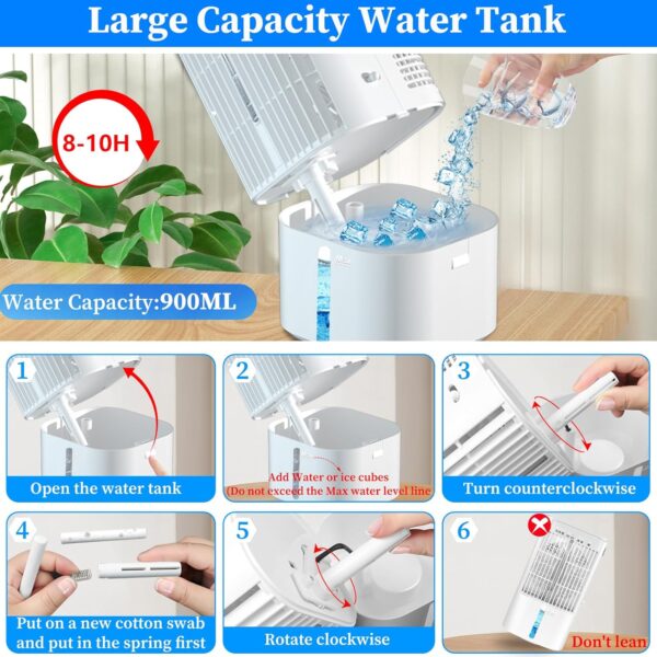 Portable Air Cooler 4-In-1 Mini Mobile Air Conditioner Fan,Air Cooling Fan and Humidifier with 3 Fan Speeds,Personal Evaporative Coolers,Timer&7 Colors LED light,Air Conditioning for Office Desk-White - Image 4