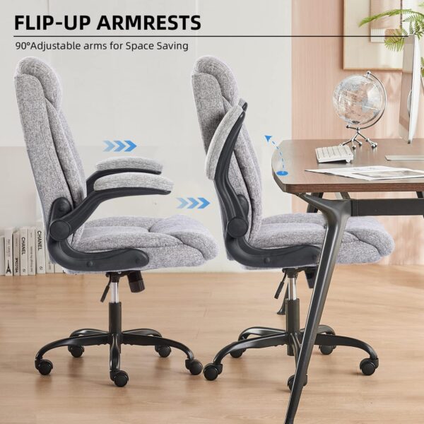 MZLEE Executive Office Chair, Ergonomic Computer Desk Chair Swivel Work Chair with Flip-up Armrest, Adjustable Height, Comfortable for Office Home Gaming(Grey Fabric) - Image 5