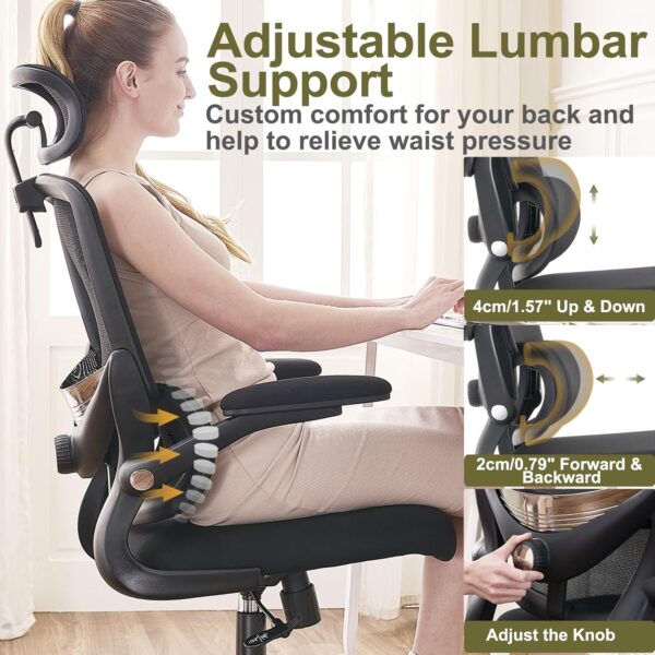 TONFARY Ergonomic Office Chair - High Back Mesh Design with Adjustable Lumbar Support, Flip-Up Armrests, Removable Headrest & 360° Swivel - Space-Saving for Home, Work, or Gaming - Black - Image 4