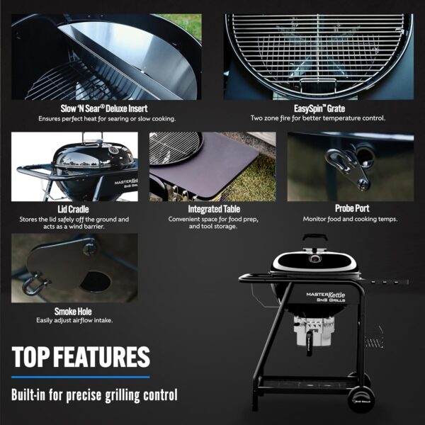 SnS Grills MasterKettle Charcoal Grill and Smoker with Patented Slow 'N Sear Deluxe Insert, EasySpin Grate for Two-Zone Cooking and Integrated Table, Low 'N Slow Smoking and BBQing - Black - Image 8