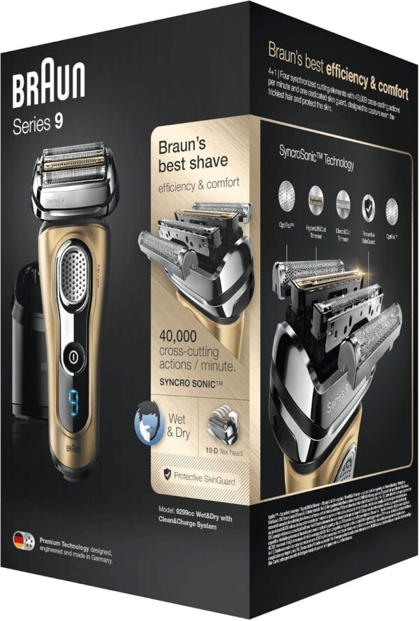 Braun Series 9 9299cc Men's Electric Shaver, Wet&Dry, Rechargeable and Wireless with Integrated Precision Trimmer, Clean&Charge Cleaning Station and Travel Pouch. Gift Edition, Gold - Image 6