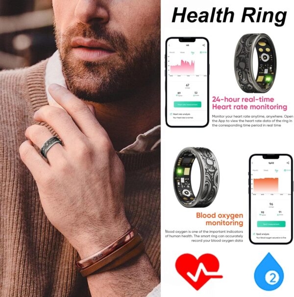 findtime Smart Ring Heart Rate Monitor Sleep Ring Fitness Tracker Blood Pressure Ring Blood Oxygen Step Counter Calories Pedometer Waterproof Health Retro Vintage Smart Rings for Men Women - Image 3