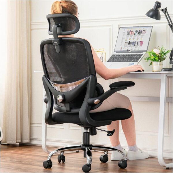 TONFARY Ergonomic Office Chair - High Back Mesh Design with Adjustable Lumbar Support, Flip-Up Armrests, Removable Headrest & 360° Swivel - Space-Saving for Home, Work, or Gaming - Black - Image 2