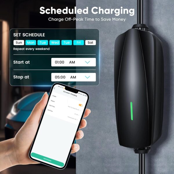 EV Charger APP Control 10M, 6-13A Adjustable Current, 0-24 Hours Delayed Timer, Max. 3.3kW, EV Charger Cable Type 2 to 3 Pin Plug, Wifi & Bluetooth Connection, IP65 Waterproof - Image 4