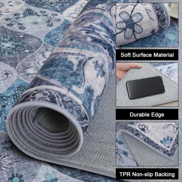 Xfrog Moroccan Small Area Rug, 80x150cm Washable Living Room Rug Ultra-Thin Rug for Entryway Non-Slip Stain Resistant Blue Carpet for Bathroom Laundry Bedroom Kids Room - Image 4