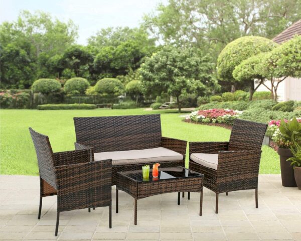 Outdoor Patio Furniture Sets 4 Pieces Patio Set Rattan Chair Wicker Sofa Conversation Set Patio Chair for Backyard Lawn Porch Poolside Balcony Garden Furniture Sets with Coffee Table (Brown) - Image 2