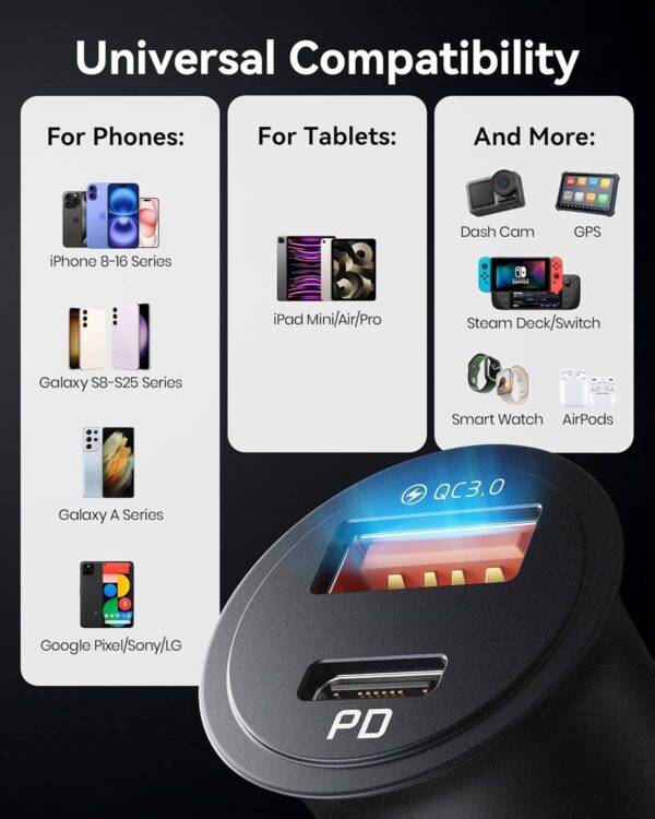 INIU Car Charger, Cigarette Lighter USB Charger Total 60W [C 30W+A 30W], 12V USB Socket, [1m] 100W PD3.0 Type C Cable Fast Charge, Car Phone Charge Adapter for iPhone 16 Pro Max iPad Samsung Laptops - Image 8