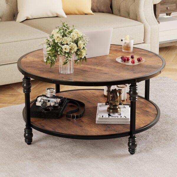 IDEALHOUSE Round Coffee Table for Living Room Rustic Center Table with Storage Shelf Wood Circle Coffee Table with Sturdy Metal Frame, Easy Assembly(Brown) - Image 2