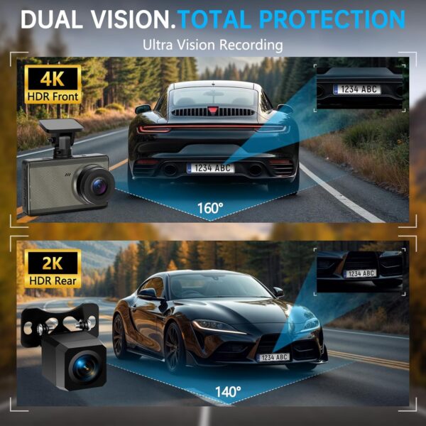 Dash Cam Front and Rear 4K 1440P, WiFi Dash Camera for Cars, Car Camera Dash with 3" IPS Screen,64GB SD Card, Parking Monitor, Night Vision, 160° Wide Angle, WDR, Loop Recording, App Control, G-Sensor - Image 3