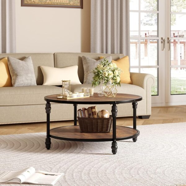 IDEALHOUSE Round Coffee Table for Living Room Rustic Center Table with Storage Shelf Wood Circle Coffee Table with Sturdy Metal Frame, Easy Assembly(Brown) - Image 9