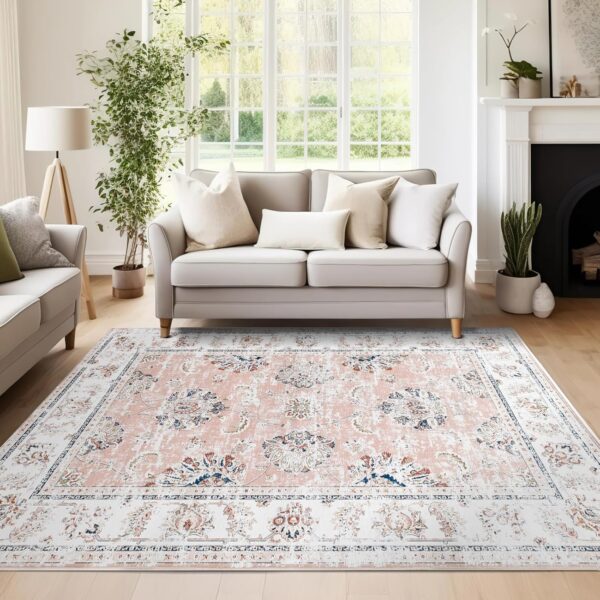 TOPICK Area Rug 120x180cm Distressed Pink Floral Vintage Rug Machine Washable Rug Chenille Print Floor Cover Indoor Thin Rug Non Slip Dining Room Living Room Office Bedroom Hall - Image 2