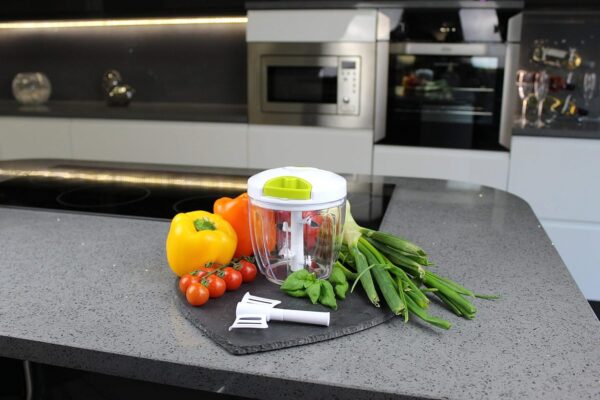 Hand Chopper Manual Food-Processor - Pull String to Slice Vegetables, Onions, Garlic, Meat, Nuts in Seconds - Curved Stainless Steel Removable Blades, Non-Slip Base, BPA-Free, Dishwasher-safe. - Image 10