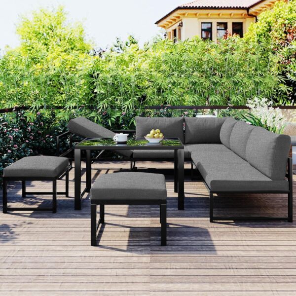 Patio Set for 6-7 People - Outdoor Corner Sofa with Adjustable Backrest, 5-Piece Garden Furniture Set, Glass Coffee Table, Cushions, 2 Sofa Stools, Grey - Image 2