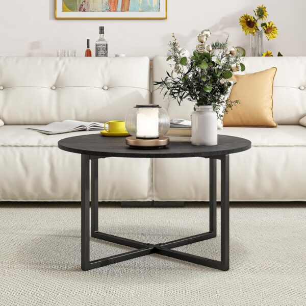 HOJINLINERO Round Coffee Table Tea Table End Table Sofa Table for Living Room with Metal Legs,Cocktail Table with Wood Look Accent Furniture,Easy To Assemble,Black - Image 4