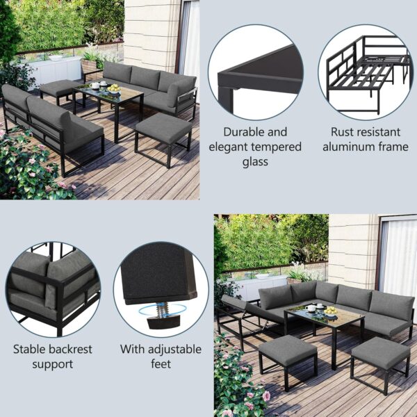 Patio Set for 6-7 People - Outdoor Corner Sofa with Adjustable Backrest, 5-Piece Garden Furniture Set, Glass Coffee Table, Cushions, 2 Sofa Stools, Grey - Image 6
