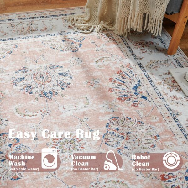 TOPICK Area Rug 120x180cm Distressed Pink Floral Vintage Rug Machine Washable Rug Chenille Print Floor Cover Indoor Thin Rug Non Slip Dining Room Living Room Office Bedroom Hall - Image 3