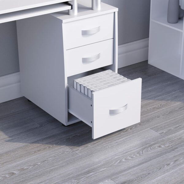 Vida Designs Otley Computer Desk with Shelves and 3 Drawers, Home Office PC/Laptop Gaming Table, Study Workstation with Keyboard Tray, Furniture, White - Image 6