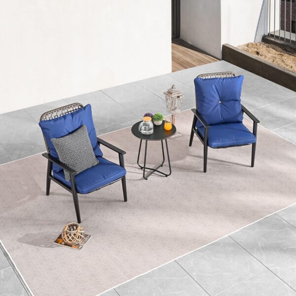 LOKATSE HOME 3 Piece Outdoor Conversation Furniture Patio Bistro Sets with Thick Cushion Wicker Chairs and Coffee Table for Backyard Deck Lawn Garden, Blue - Image 7