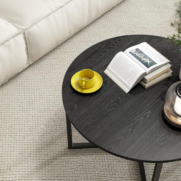 HOJINLINERO Round Coffee Table Tea Table End Table Sofa Table for Living Room with Metal Legs,Cocktail Table with Wood Look Accent Furniture,Easy To Assemble,Black - Image 5