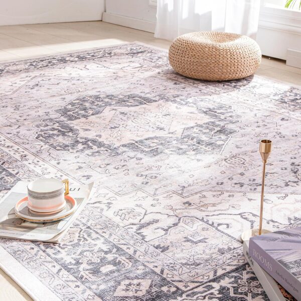 Carvapet Washable Area Rug 150x210cm Non Slip Large Thin Floor Carpet Rug Grey Rugs Print Vintage Medallion Floor Rugs for Living Room Bedroom - Image 5