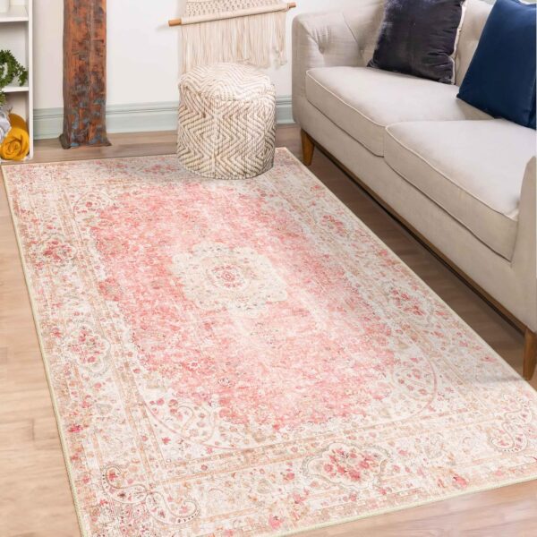 Castage Pink Rug 3x5,Washable Area Rugs for Bedroom Living Room Kitchen Entryway,Small Boho Vintage Bohemian Distressed Non Slip Carpet,Blush - Image 3