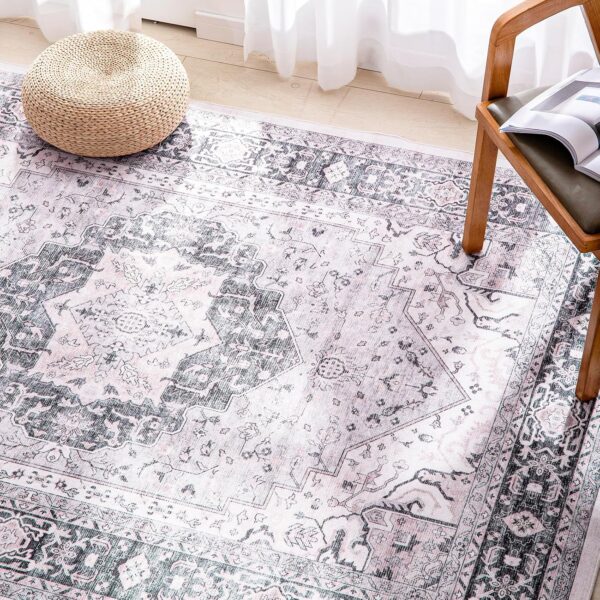 Carvapet Washable Area Rug 150x210cm Non Slip Large Thin Floor Carpet Rug Grey Rugs Print Vintage Medallion Floor Rugs for Living Room Bedroom - Image 4