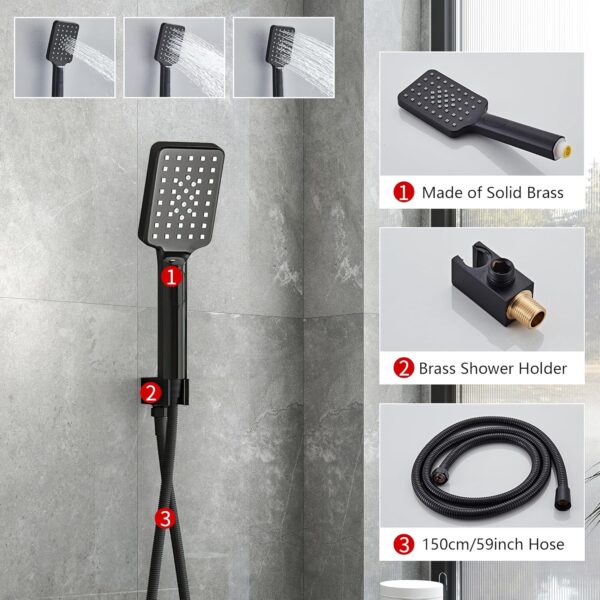 LCEVCGK Shower Faucet Set Complete Matte Black Shower System with 10 inch Square Rainfall Shower Head 3-Function Handheld Shower Waterfall Bathtub Spout Rain Shower Combo Set Bathroom Wall Mounted - Image 6