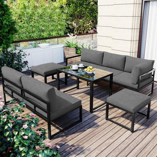 Patio Set for 6-7 People - Outdoor Corner Sofa with Adjustable Backrest, 5-Piece Garden Furniture Set, Glass Coffee Table, Cushions, 2 Sofa Stools, Grey - Image 4