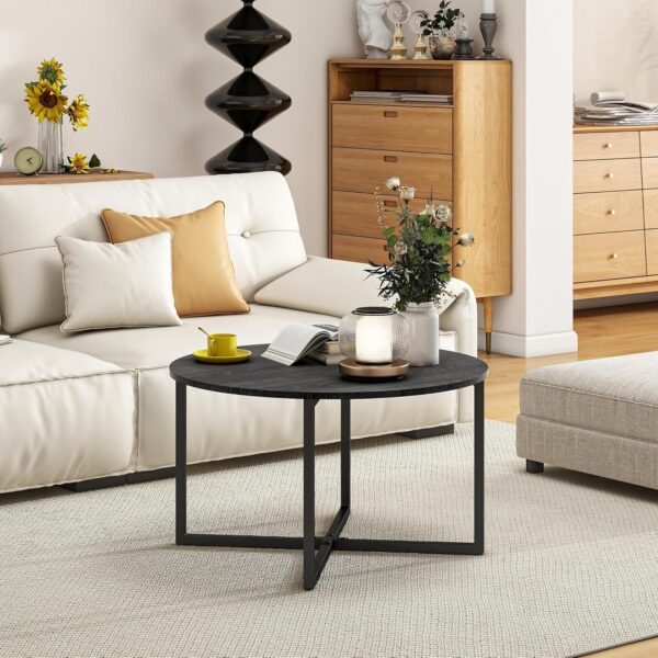 HOJINLINERO Round Coffee Table Tea Table End Table Sofa Table for Living Room with Metal Legs,Cocktail Table with Wood Look Accent Furniture,Easy To Assemble,Black - Image 8